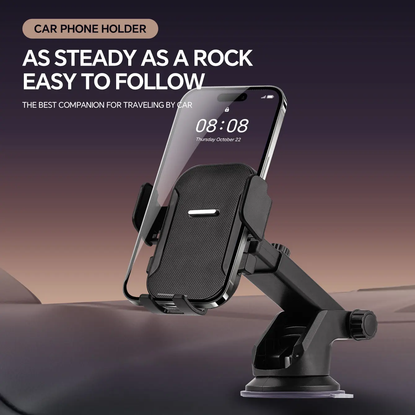 Upgraded Cell Phone Car Mount - ABS Universal Car Phone Stand with Adjustable Arm, Ergonomic Grip, Strong Suction Cup, Oval Design, Anti-Slip Texture Pad, Compatible with iPhone, Samsung & Android Smartphones