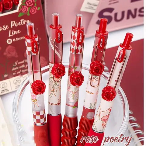 5-Pack Rose Poetry Line Retractable Ballpoint Pens, Glitter Ballpoint Pen, Mixed Color Plastic, College Student Pen, College Ruled, Smooth Writing, No Feather, Ideal Valentine'S Day Gift, Ballpoint Pen Set, Office Supplies