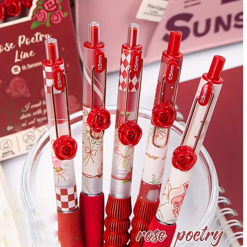 5-Pack Rose Poetry Line Retractable Ballpoint Pens, Glitter Ballpoint Pen, Mixed Color Plastic, College Student Pen, College Ruled, Smooth Writing, No Feather, Ideal Valentine'S Day Gift, Ballpoint Pen Set, Office Supplies
