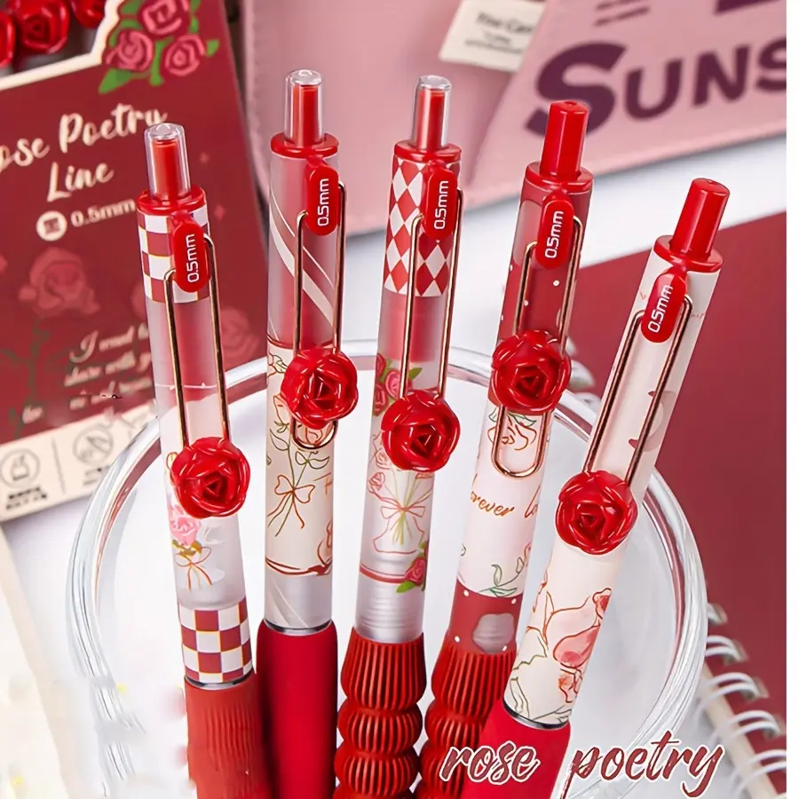 5-Pack Rose Poetry Line Retractable Ballpoint Pens, Glitter Ballpoint Pen, Mixed Color Plastic, College Student Pen, College Ruled, Smooth Writing, No Feather, Ideal Valentine'S Day Gift, Ballpoint Pen Set, Office Supplies
