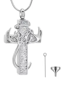 1 Pcs  Silver Cross Necklace for Men Cross Antler Fish Hook Necklace Pendant Deer Jewelry Fashion Accessories Birthday Christmas Hunting Religious Christian Gifts