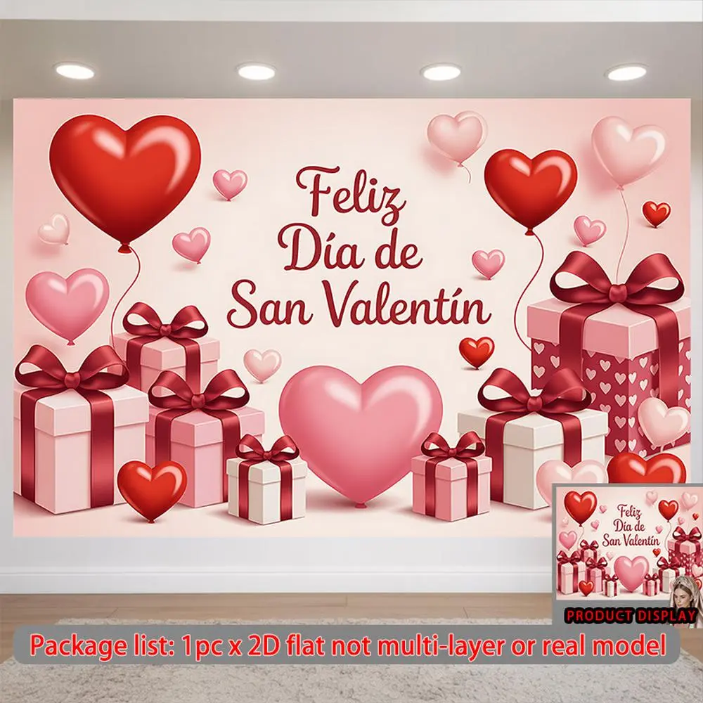 1PC 2D Flat Polyester "Feliz Día de San Valentín" Backdrop Banner, Heart Balloons & Gift Boxes Theme, Reusable Party Decoration Supplies, Outdoor Banners for Romantic Festival, Happy Birthday Photo Wall Decor (Home & Festive Supplies)