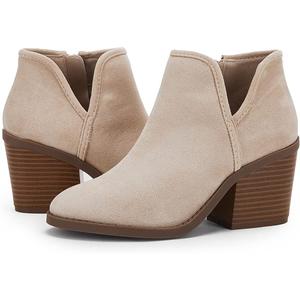 Piepiebuy Womens Cutout Ankle Boots Chunky Stacked Heel Slip On Side Zipper Suede Western Booties