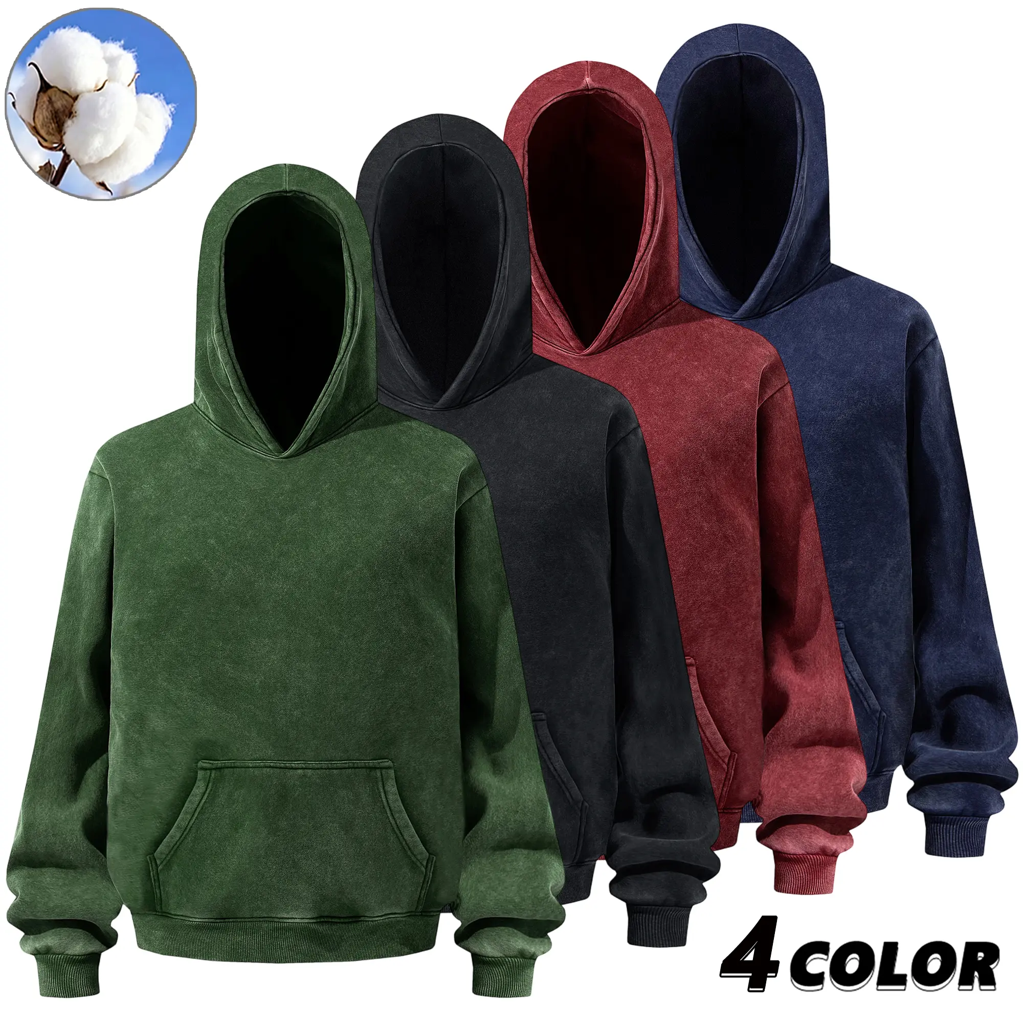 EKF men’s vintage cotton washed pullover hoodie, relaxed slouchy fit, retro distressed texture, versatile layering top for spring and autumn