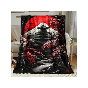 Artistic Japanese-Style Cozy Blanket Featuring Mount Fuji, Red Sun, Cherry Blossoms & Pagoda