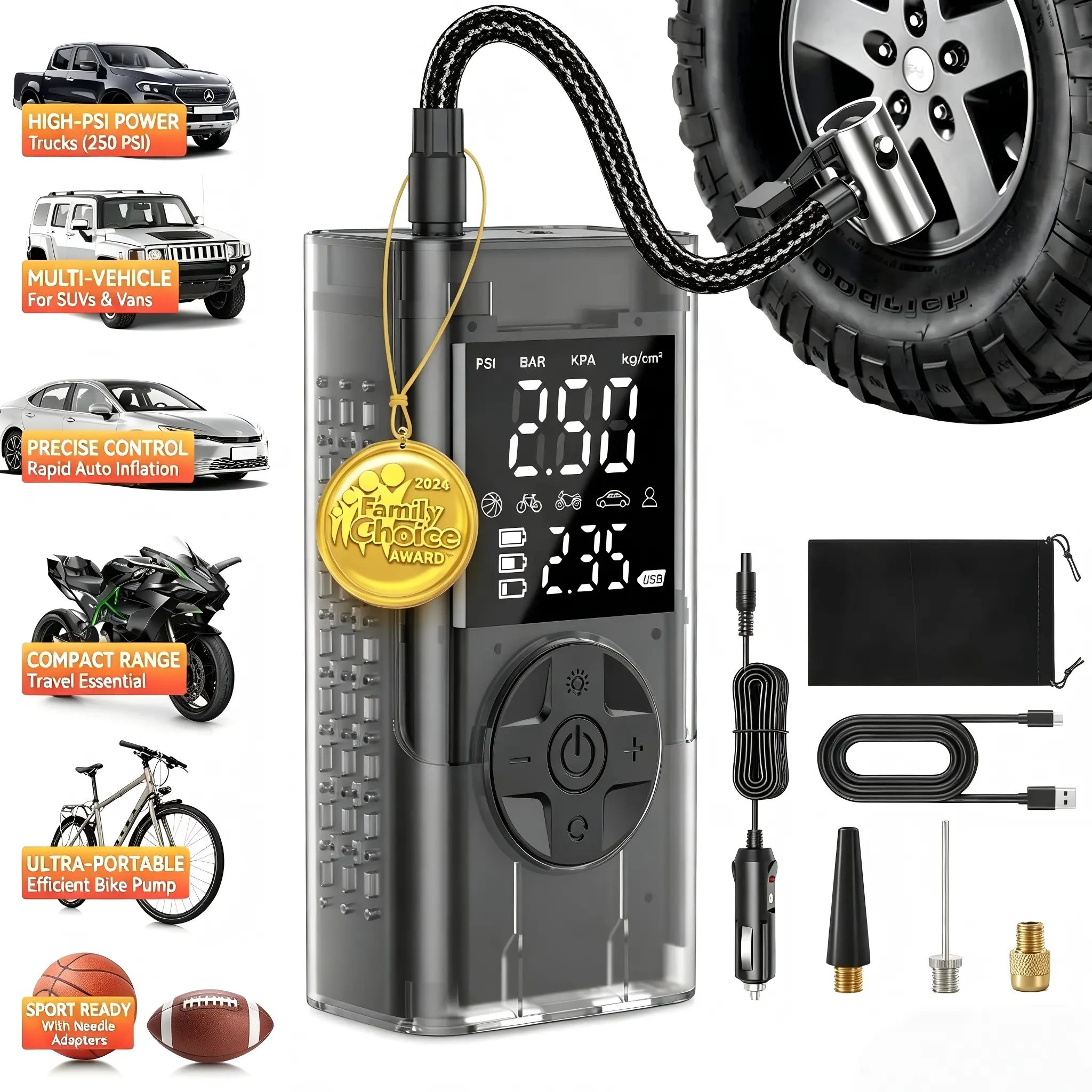 Tire Inflator Portable Air Compressor, with Digital Pressure Gauge Inflater 150PSI, 3X Fast Inflation Auto Shutoff Large Battery Tires Pump for Cars Motors Bikes Balls - Fathers Day Gift!