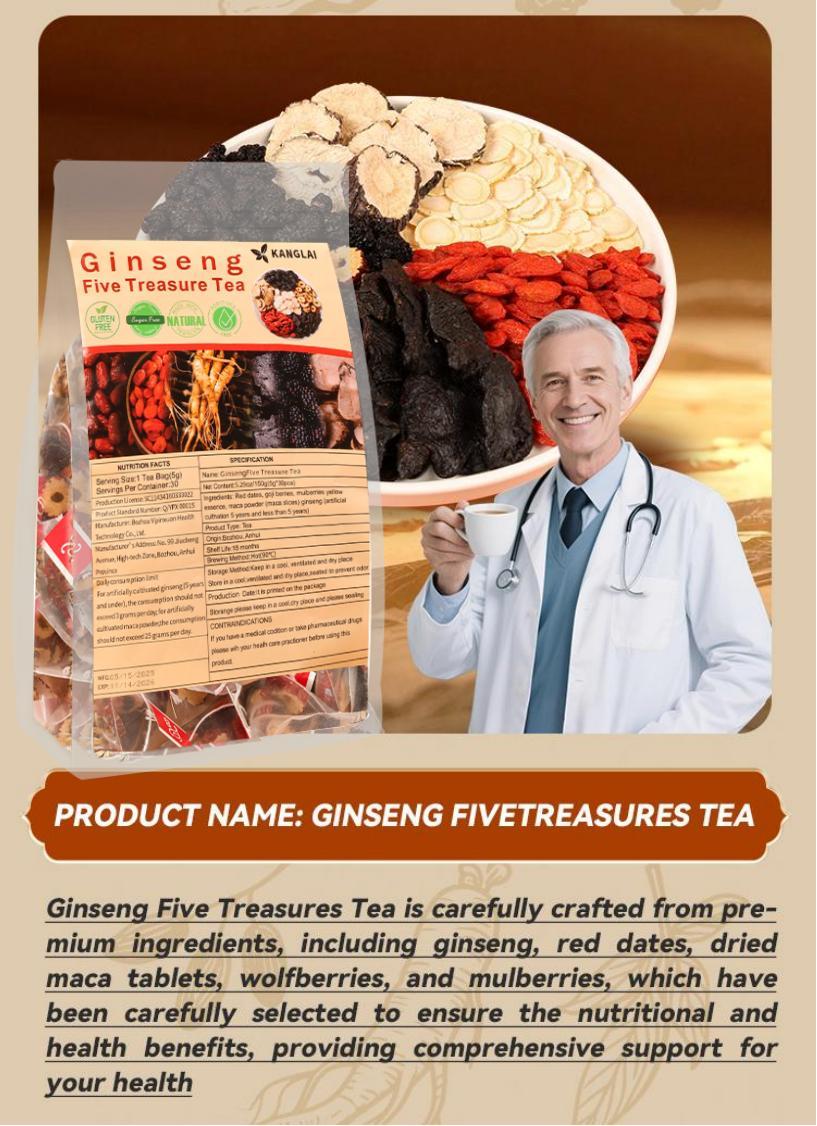 Ginseng Five Treasure Kidney Tea 3PCS 5g x 30Bags x 3 Herbal Detox Cleanse for Men & Women Natural Chinese Wellness Drink Daily Vitality Support Tea Bags Beverage