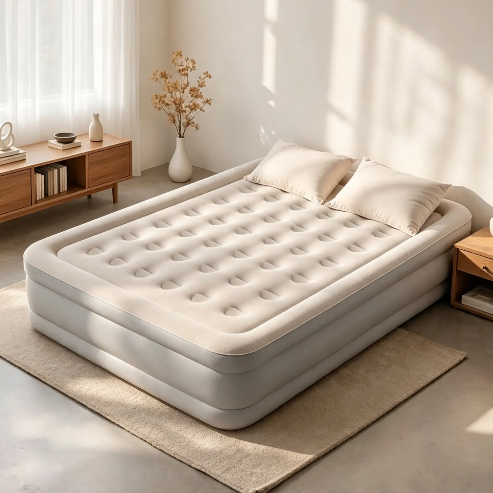 Raised Flocked Air Mattress with Built-in Electric Pump, Thick Leak-Proof Coil Support Air Bed, Fast Inflation Deflation for Guest Room Camping Overnight Travel