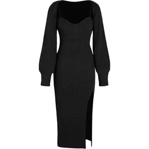 2 Piece Sweater Dresses for Women Winter Slit Long Sleeve Womens Midi Dress Pullover Wedding Guest Outfits