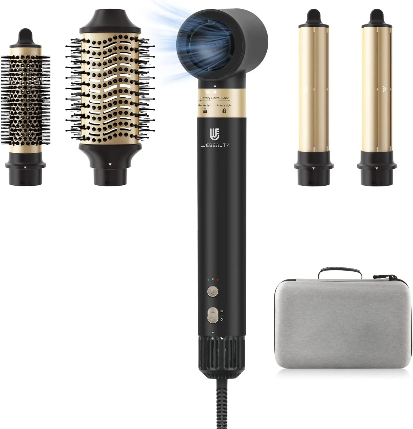 5-in-1 Black Air Styler, Auto Curling Iron with Detachable Brush, Ionic Hot Air Brush for Drying, Straightening & Curling, Fast Drying Hair Styling Tool for All Hair Types