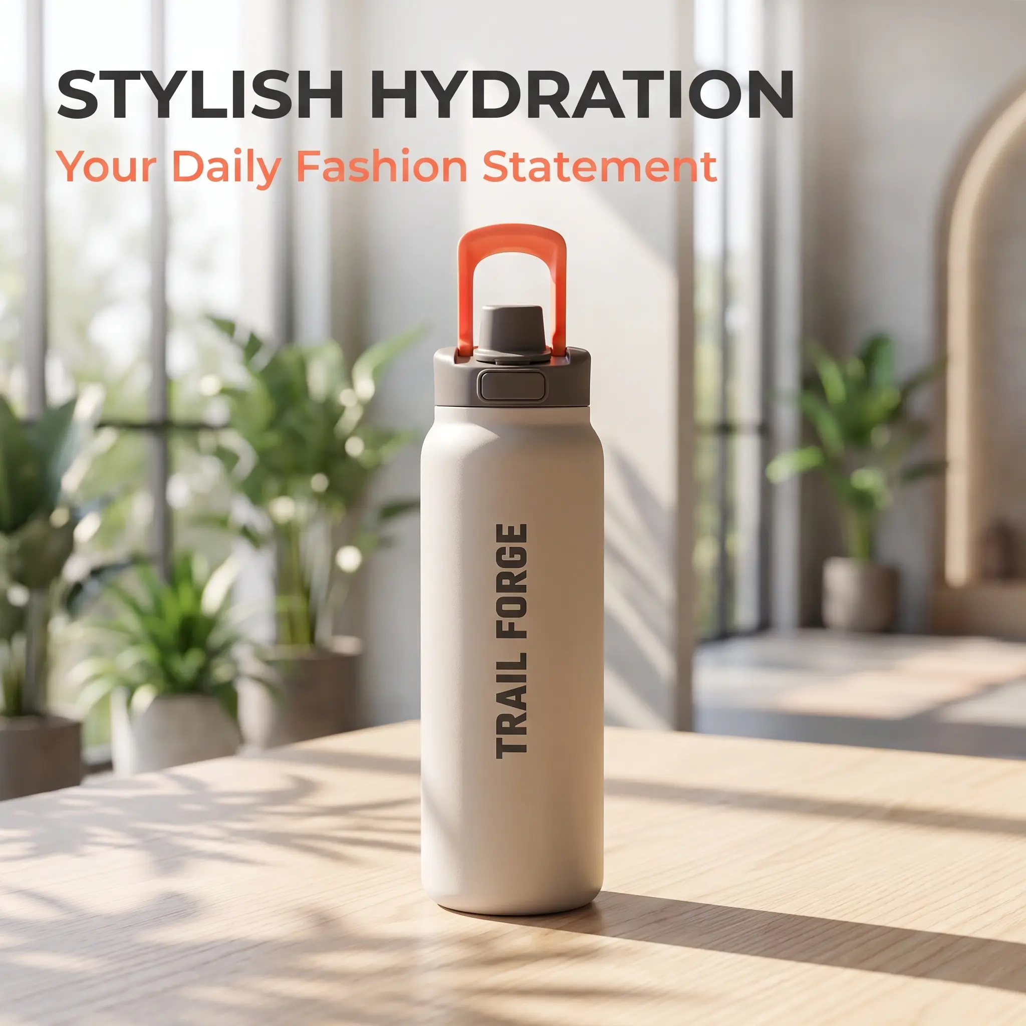Portable Sports Bottle - 34oz/1000ml Large Size Reusable Stainless Steel Cylindrical Wide-Mouth Bottle with Push-Button Lid, Foldable Handle, Easy Filling for Fitness, Outdoor Adventures