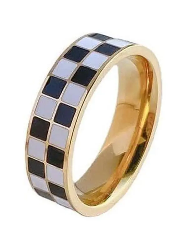Checkerboard Bands Statement Finger Ring 14K Gold Black White Titanium steel Ring Size 5-10