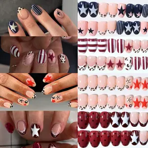 96pcs Short Oval Summer Star Series Nails, Stars, Stripes, Leopard Print, Lace Bow Design, Unique Patterns, Glossy Acrylic Tips with Storage Box