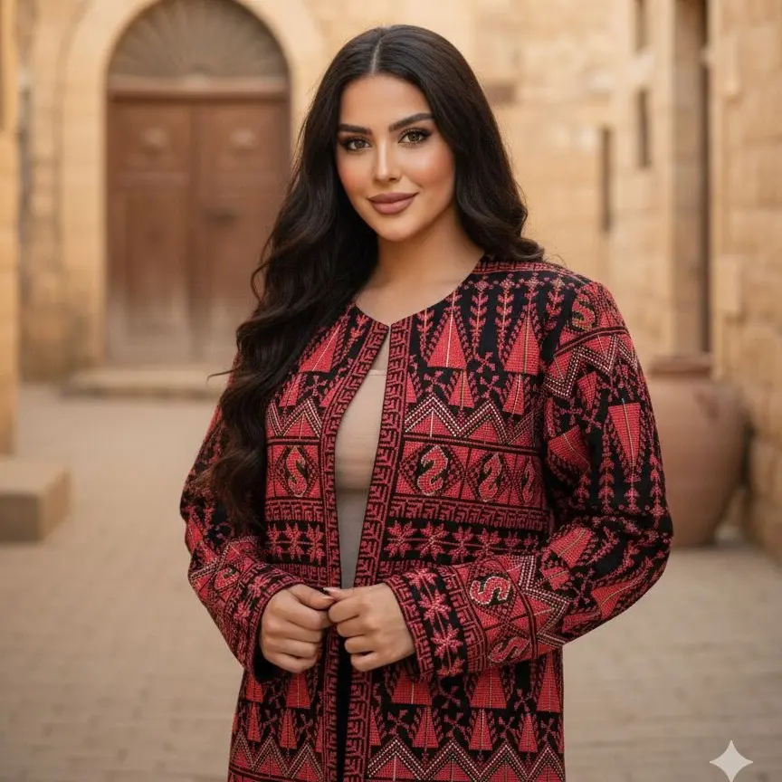 Red & Black Heritage Tatreez Jacket – Traditional Palestinian Embroidered Outerwear
