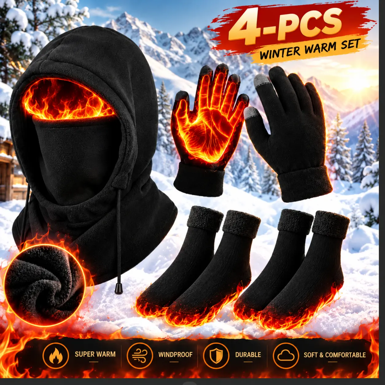 4-PCS Winter Warm Sports & Outdoor Accessory Set - Windproof, Durable, Soft Hoodie, Gloves for Winter, Socks for Cold Weather