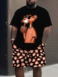 Men's oversized short-sleeved and short-pants set - casual sportswear, paired with cool glasses and leopard-print shorts, made of black polyester blend fabric, with drawstring waistband, leopard-print shorts, suitable for extra-large size.