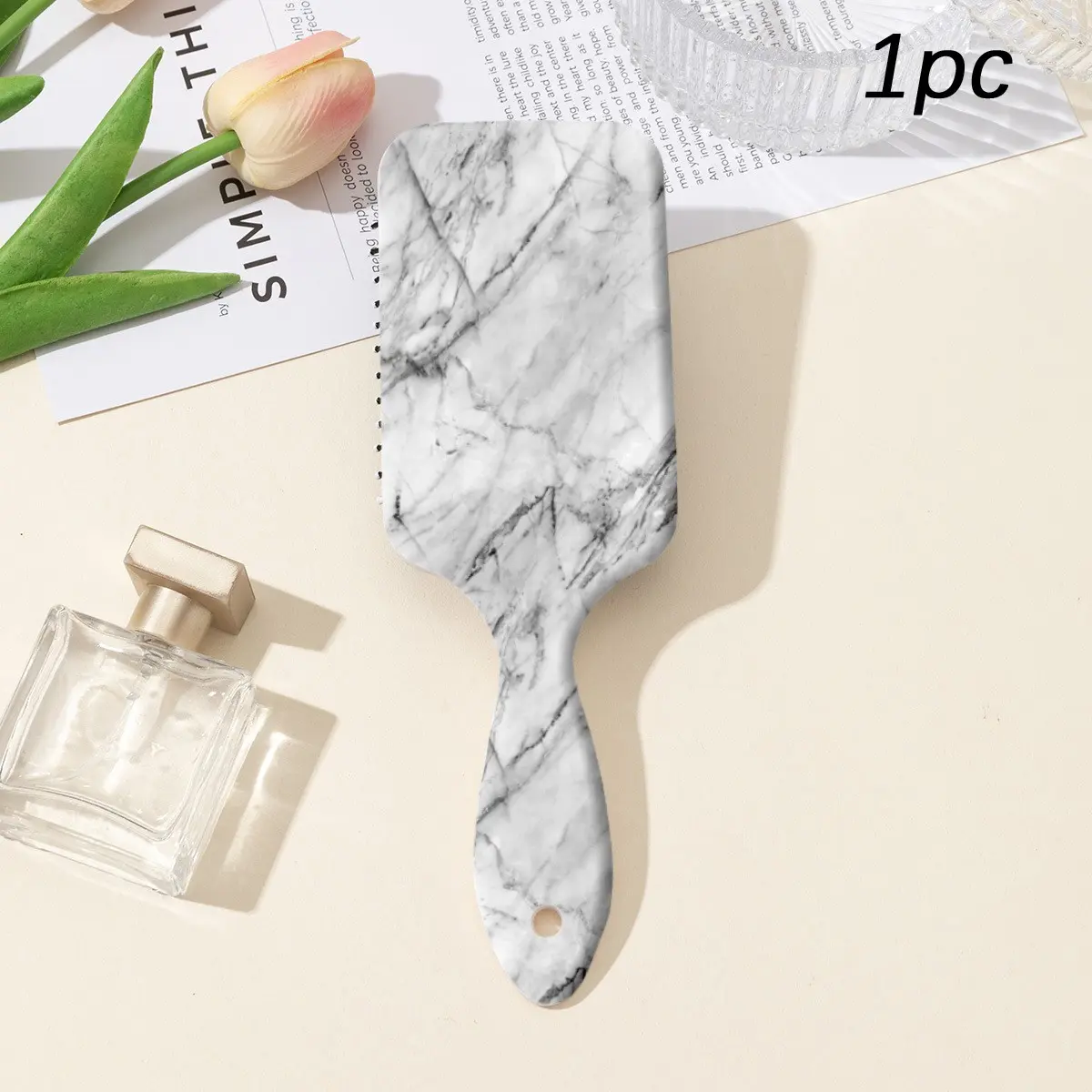 Marble Pattern Padded Comb, Anti-Tangle Hair Brush, Portable Home Use, Natural Stone Design, 1 Piece, Ideal for Daily Grooming