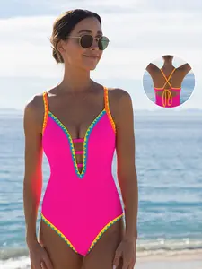 Popvil Shell Trim Front Strappy Neon One Piece with Back Tie Swimsuit Tummy Control Modest Neon Swimsuit for Women