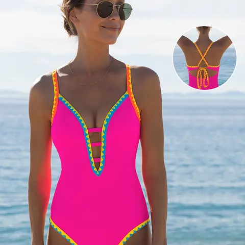 POPVIL Women's High Waisted Deep V-Neck Shell Trim Front Strappy Padded 1-Piece Swimsuit - Adjustable Straps, Back Tie, Tummy Control, Modest Neon Design, Curve-Flattering, Shape-Adapting Fit, One Piece