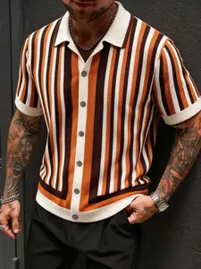 Men's Vintage Classic Colorblock Striped Knit Polo Shirt, Summer Breathable Collared Short Sleeve Cardigan, Casual Commuter Top