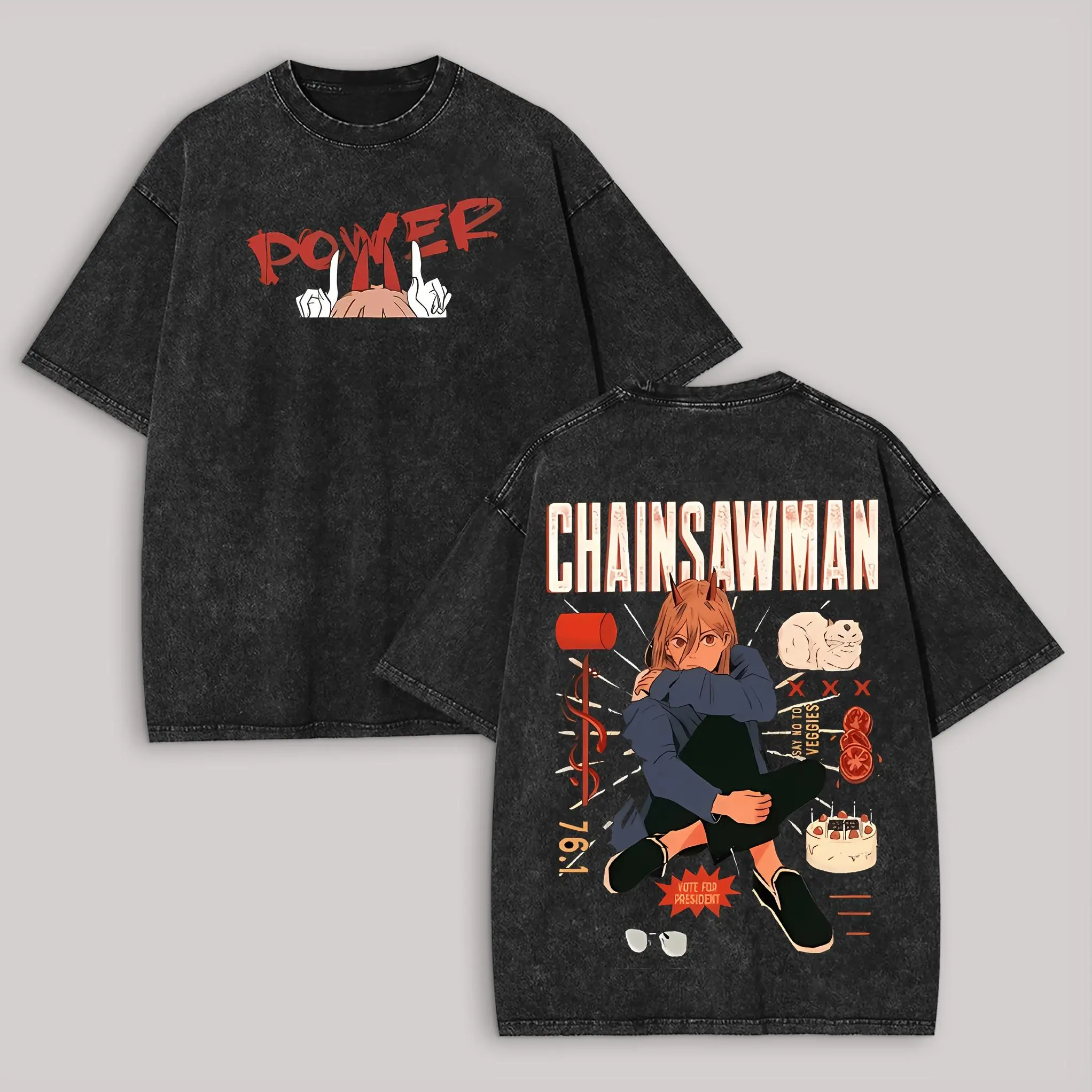 Men's Graphic T-Shirt Featuring Chainsaw Man Power, Vintage Washed Cotton, Distressed Casual Short-Sleeve Figure Tee, Fitted Cut, Distressed Wash, Athletic, Activewear, Shortsleeve, Tshirt, Top, Tops, Short Sleeves, Easy Cool, Festive-Ready Tee Pick, Chai