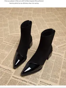 Autumn Winter Retro Classic Wine Short Boots, Pointed Toe Chunky Heel Textile Upper, Elastic Above Ankle Booties for Fall & Winter