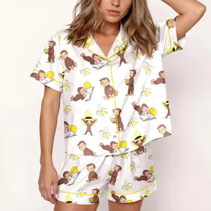 Women's Monkey Banana Print Pajama Set , Cute Monkey & Banana All-Over Print Lapel Collar Button-Front Shirt & Elastic Waist Pants, All-Season Sleepwear, Pajamas for -Like s, Themed Costume Party Outfit