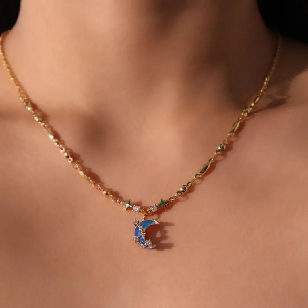 18K Real Gold Plated Moonstone Moon Star Necklace 18K Real Gold Plated Moonstone Moon Star Necklace