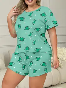 [Plus Size] Cartoon Leopard Print Letter Print Pajama Two-piece Set, Casual Comfy Fit Round Neck Short Sleeve T-shirt & Shorts PJ Set, Women's Sleepwear & Loungewear for Summer, Pyjamas