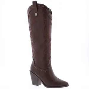 Eliana Women's Cowgirl Western Boots Classic Brown Leather Studded Detail Chunky Heel for Casual Wear