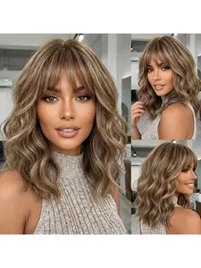 16-inch curly wig suitable for everyday wear and special occasions - Light chestnut brown with amber gold highlights, voluminous and fluffy waves, perfect for parties, weddings, and photography - Latin Special Series hair extensions
