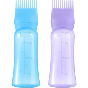 Root Comb Applicator Bottle 6 OZ, Hair Oil Applicator Bottles for Scalp with Massage Comb, 2 Pack Hair Dye Applicator with Graduated Scale (Purple, Blue)