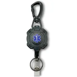 EMS, EMT, Paramedic/Medic Heavy Duty  Badge Reel Star of Life. 360? Swivel Carabiner Clip. 32.5" Steel /Rope with Key Ring & ID Strap. 8 oz Weight