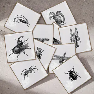 10/30/50PCS PBS Provence Square Tile Stickers, PVC Thickened Crystal Film Vintage Black & White Insect & Crustacean Sketch Waterproof Oil-Proof Peel & Stick for Kitchen Bathroom Home Decor
