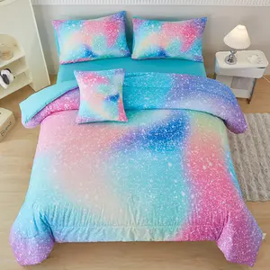Pink and green twin comforter set for girls, 6-piece colorful rainbow kids bedding set, tie-dye ombre glitter “bed in a bag” comforter set with sheets