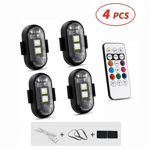 4-Pack Car Wireless LED Strip Light Remote Control | RGB Aircraft Strobe Light With 8 Colors, USB Rechargeable, IP65 Waterproof, Impact-Resistant Warning Lights, Suitable For Car Interiors, Trucks, Motorcycles, Drones, Aircraft, Bicycles