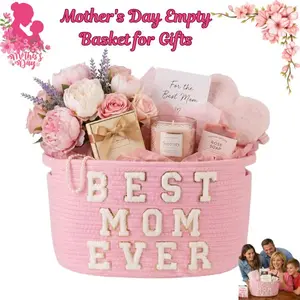 Mother’s Day Basket Set Empty Gift Basket for Women, Woven Cotton Rope Basket with M & Heart Patch, Mother’s Day Birthday Thanksgiving Gift Organizer