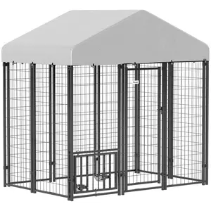 PawHut 5.9' x 5.9' x 6' Outdoor Dog Kennel, Welded Wire Heavy Duty Dog Run with 360° Rotating & 4 Level Adjustable Bowls, Dog Kennel Outside with Waterproof & UV Resistant Cover, for Large Dogs