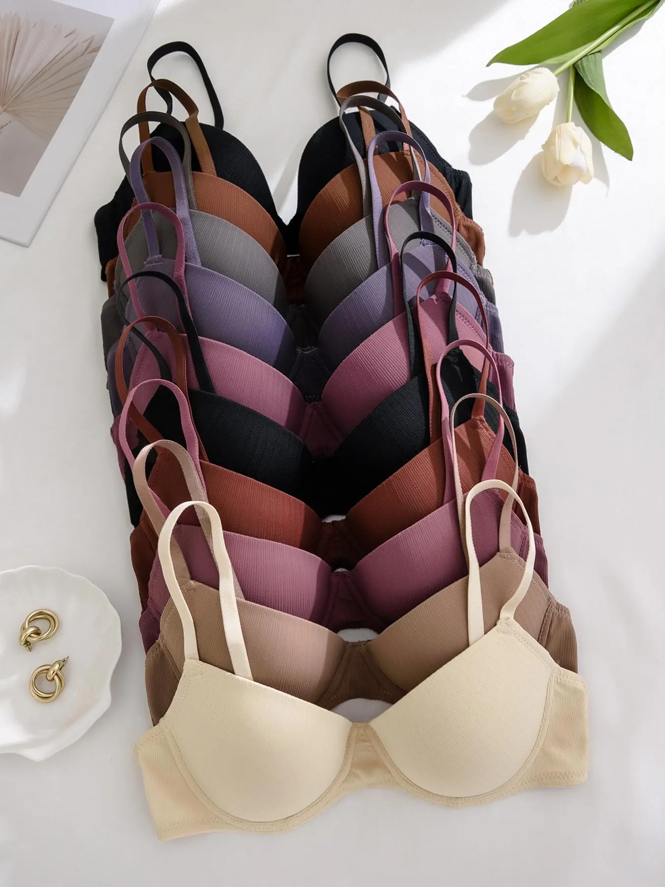 Women's Solid Color Underwire Bra, Ribbed Bras, Soft Minimalist Comfy Breathable Push Up Bra, Solid Textured Bra, Lingerie for All Seasons
