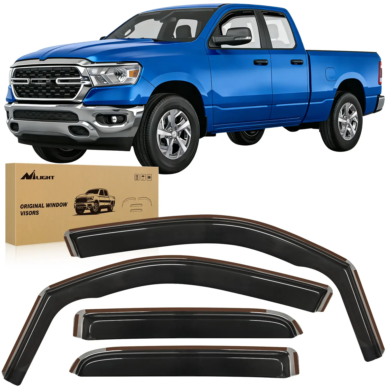 Nilight Acrylic Aerodynamic In-Channel Rain Guards, 4 Pcs Visors for Dodge RAM 1500 2019-2024 Quad Cab, Tool-Free Shatterproof Window Deflectors, Truck Exterior Accessories, Anti Glare Visor, Car Accessories