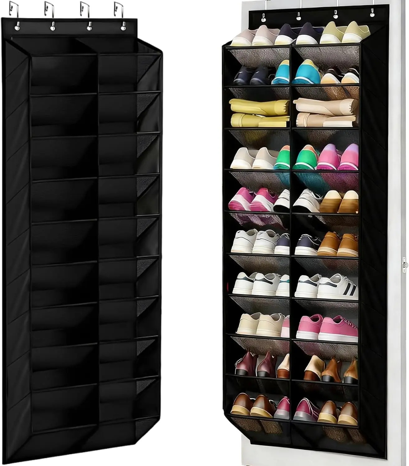 Over The Door Shoe Organizer Storage - Large Size 10-Tier Rack with 20 Widened Pockets for Sneakers Boots Heels - 73"H x 21"W x 7"D - Metal Hooks for Stability - Black - Kitchen Hanger