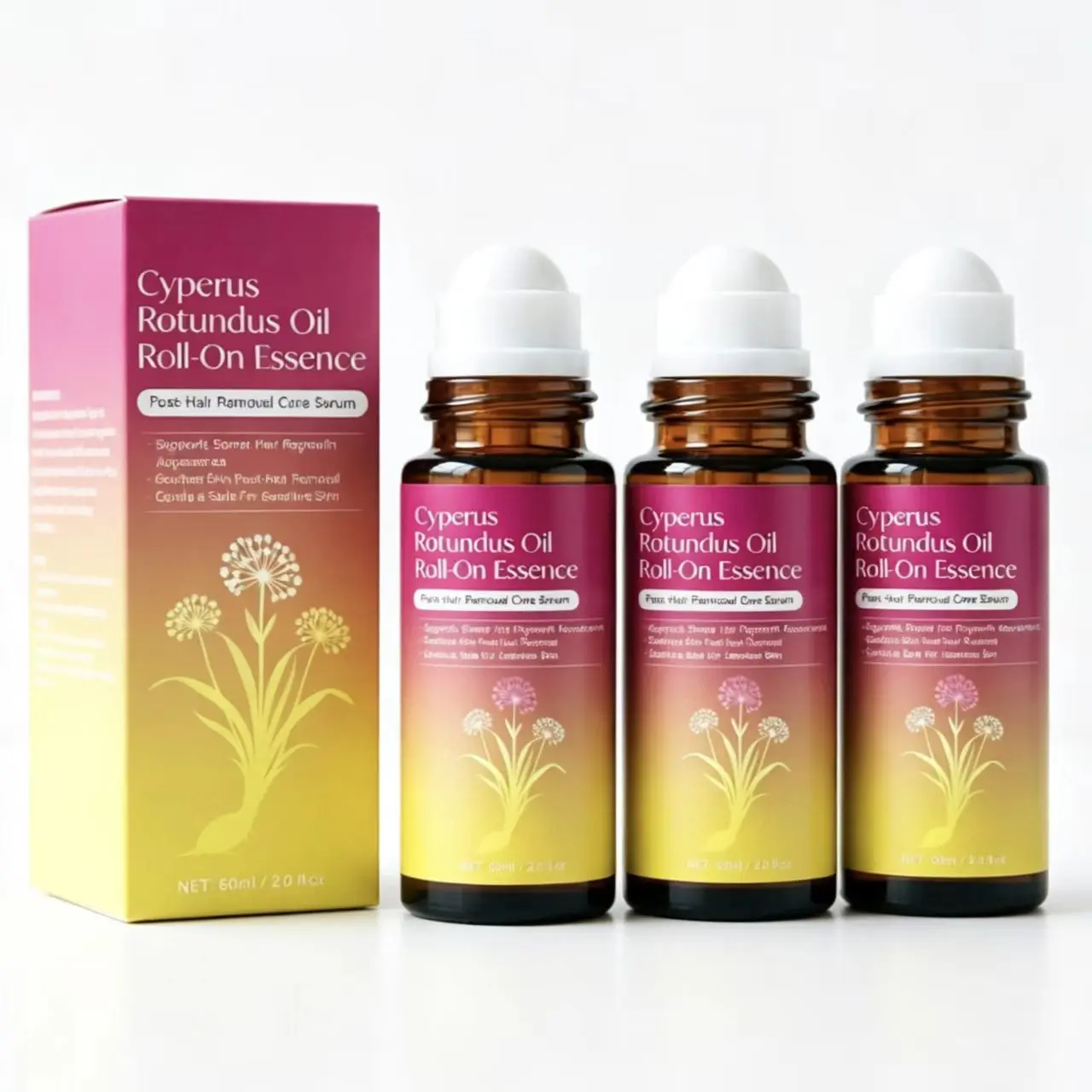 3 Pack Cyperus Rotundus Oil Roll-On Essence, Natural Hair Growth Inhibitor Serum, Post Hair Removal Care Oil for Underarm Leg Bikini, Slow Regrowth, Soften Stubbles for Silky Smooth Skin 60ml Each