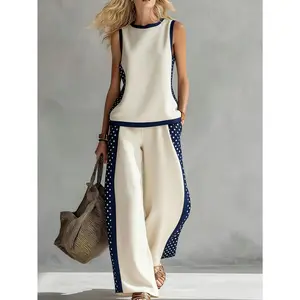 Plus Size, Women's Casual Outfit: Polka Dot Patchwork Sleeveless Top and Wide-Leg Pants 2pcs Set, Fashionable Commuting Wear