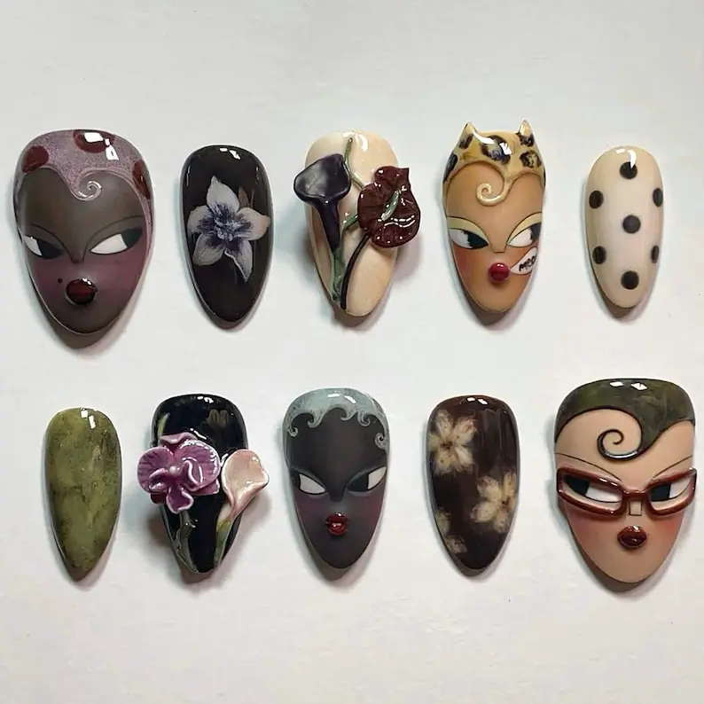 Female Alchemy Press on Nails, Avant-Garde Hand-painted Face Art, 3D Sculpted Flowers, Orchid & Calla Lily Nails, Black Polka Dots