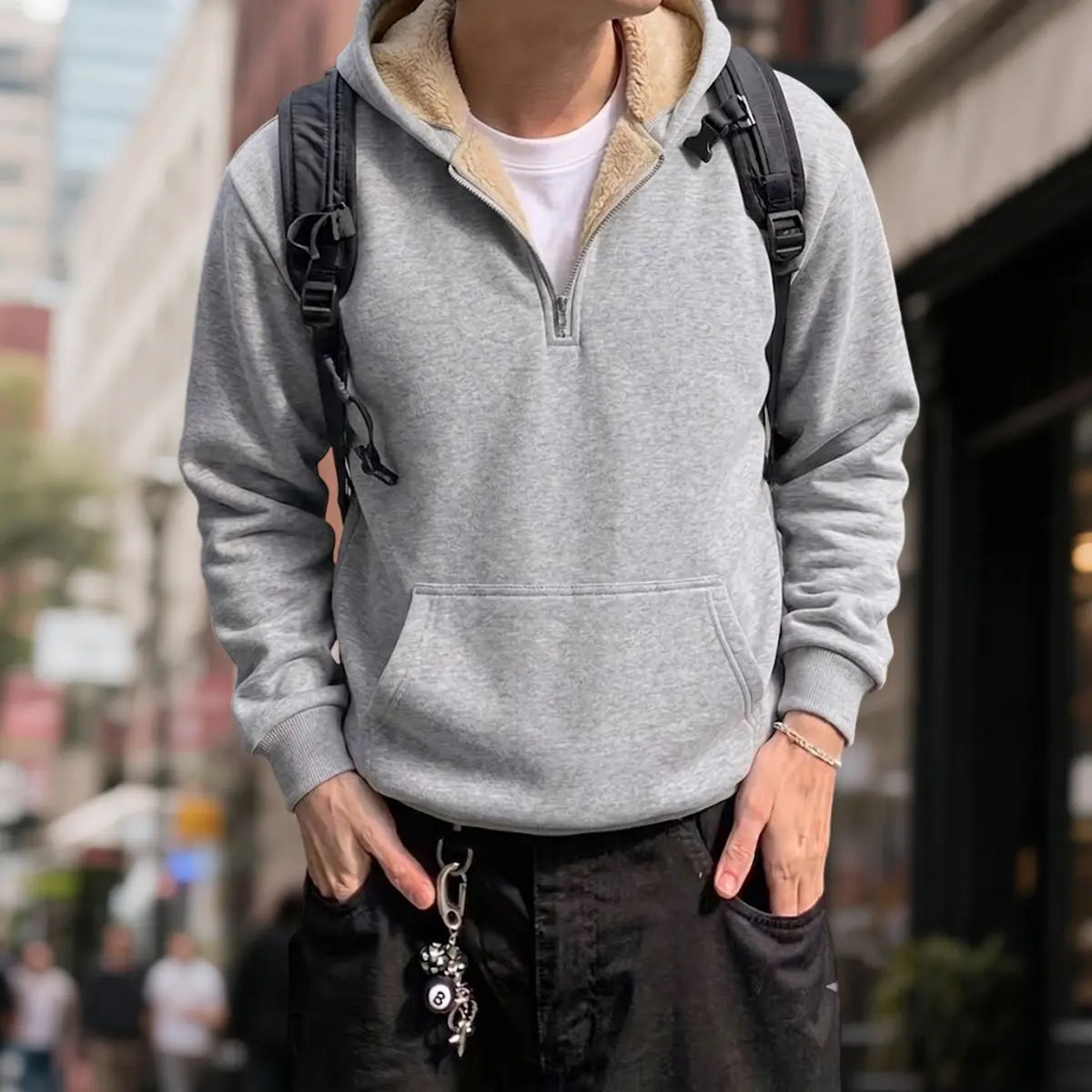 Men's Sherpa Half-Zip Hoodie Tops - Plush Fleece Long Sleeve Sweatshirts, Menswear Loose Relaxed Fit, Drawstring Hood, Kangaroo Pocket for Everyday Layering, Casual, Machine Wash