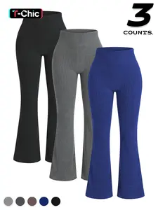 3pcs Women's Seamless Knitted Textured Yoga Leggings Bell Bottoms, High Waist Butt Lifting, Sporty Casual Fashion, All Seasons Wear