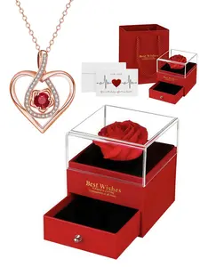 Diamond Pink Heart Charm Necklace Romantic double-heart premium gemstone necklace with a red preserved rose gift box.Ideal gift for birthdays, Mother's Day, Valentine's Day and all festivals. Heart shaped pendant