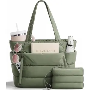 Puffer Tote Bag for Women, Nurse, Large Quilted  Bag with Cup Holder & Laptop Compartment for Work, Travel, Gym