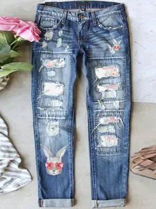 Women's Patch Ripped Distressed Mid-Waist Boyfriend Fit Washed Cute Easter Eggs Print Loose Denim Jeans Pants Button Elastic Waistband Breathable Comfy for All Seasons Streetwear
