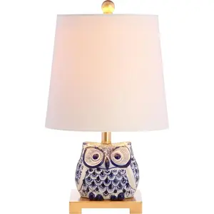 16" Blue/White Ceramic Owl Mini Table Lamp for Bedroom or Office, Modern Farmhouse Nightstand Lamp with White Linen Shade, LED Bulb Included JYL3014A